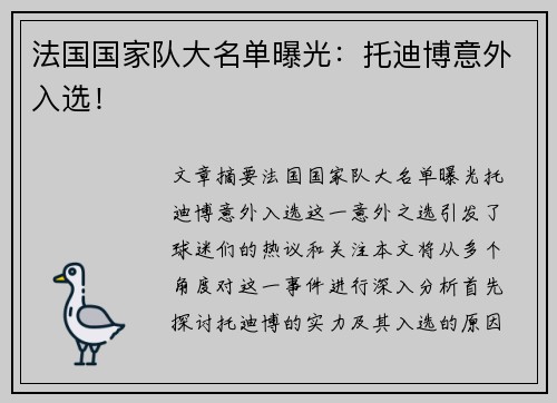法国国家队大名单曝光：托迪博意外入选！